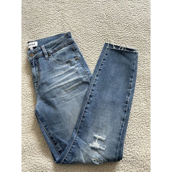 Pistola Womens Mid-Rise Whiskered Distressed Raw Hem Slim Leg Jeans Blue Size 27 - Picture 5 of 12
